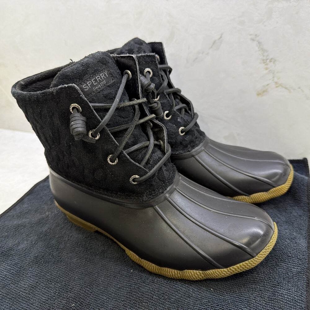 Sperry Womens Syren Gulf Black Animal Print Duck Boots Weatherproof Boots Size 6